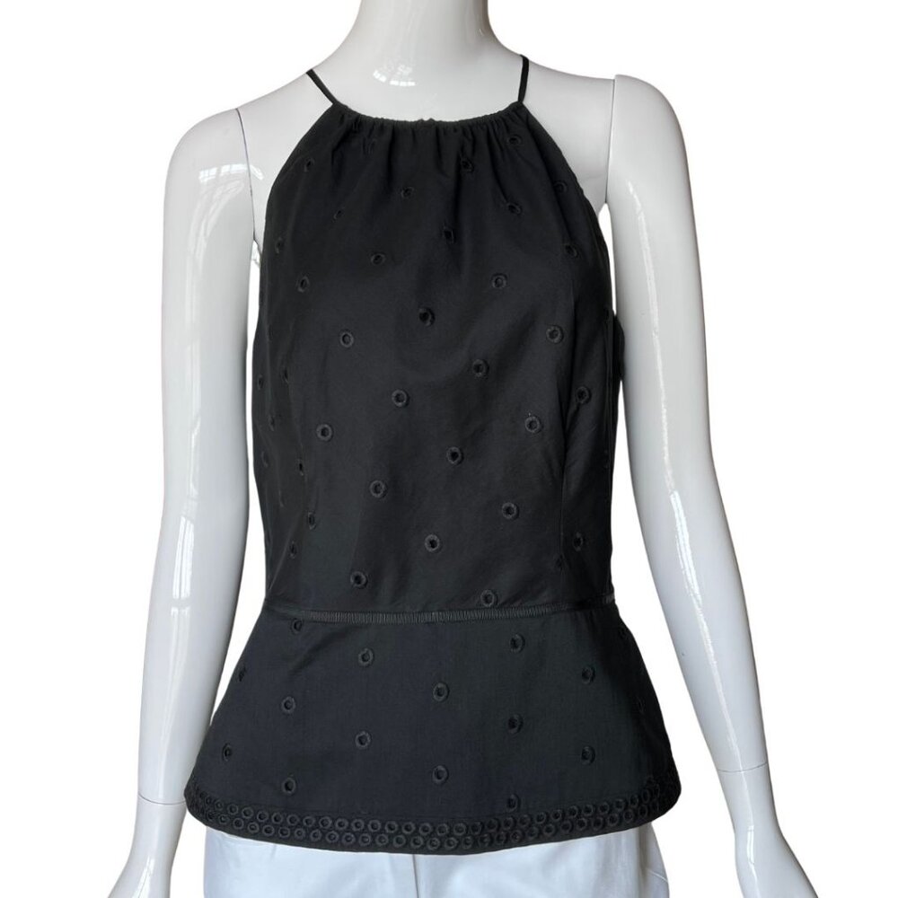 Ann Taylor Black Sleeveless Cotton Eyelet Peplum Top with Side Zipper. Size 10